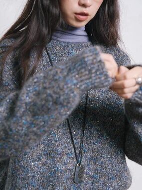 Color Fleck Mohair Blend Knit Sweater Colorful Grey Sparkle Crewneck Cozy